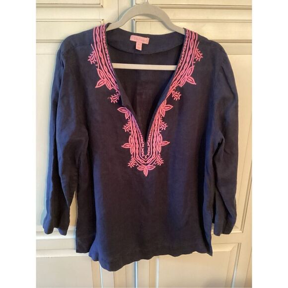 Lilly Pulitzer Amelia Island Top Sz XL 100% Linen Embroidered Blue Pink - Picture 3 of 11